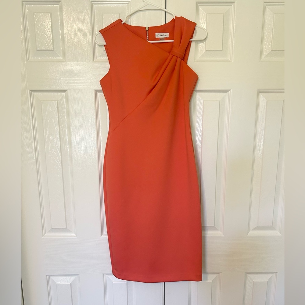 NWT Calvin Klein Peach/Salmon Asymmetrical Knot Neck Sheath Dress